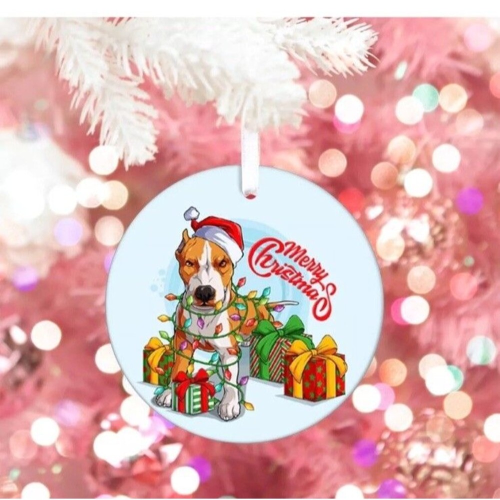Pit Bull Dog Lover Santa Hat Picture on Ceramic Ornament Christmas Ornament